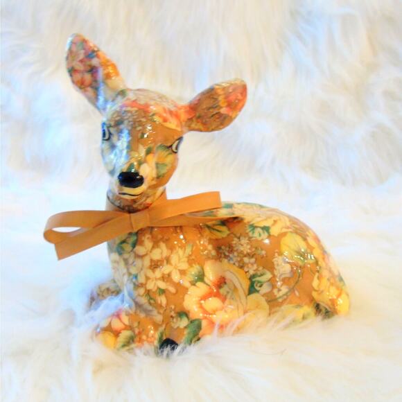 Decoupage Deer Figurine Floral Doe Fawn Lying Down Gold Cream Brown 7" Decor Vtg - Picture 6 of 6